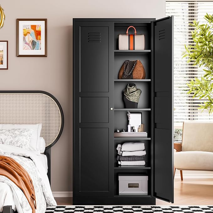 Letaya Black Storage Cabinet with Adjustable Shelves-Metal Home Kitchen Pantry Cabinets with Doors,Organization Locker for Cupboard/Bedroom/Dining/Living/Bathroom/Office/Garage Room