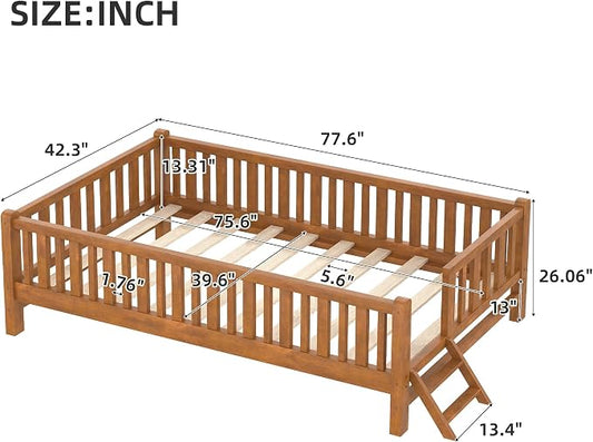 Merax Wood Twin Size Platform Bed with Guardrail, Kids Bed Frame with Stairs, Walnut
