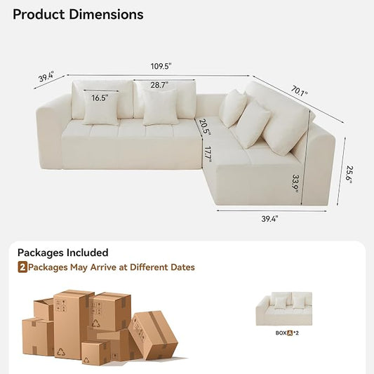 110''Modular Sectional Couches for Living Room, Cloud Boneless Compressed Sofa Right Facing Chaise, Oversized L Shaped 4 Seater Memory Foam Sofa, No Assembly, Chenille Beige