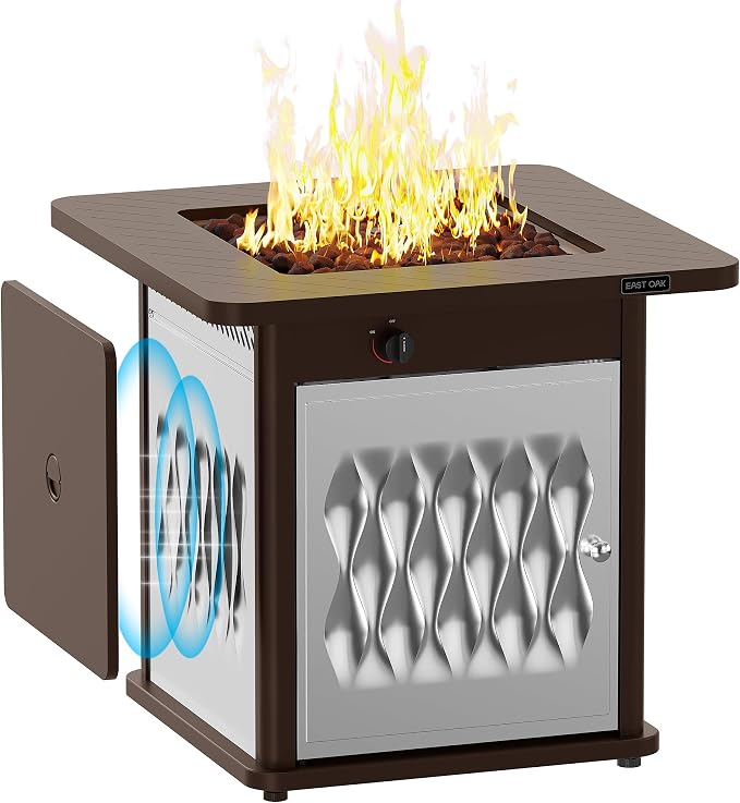 EAST OAK 28'' Stainless Steels Fire Pits Table, 50,000 BTU Upgraded Steel Gas FirePit for Outdoor, Outside Patio, CSA Certified Fire Table with Magnetic Lid, Cover-Storage Basket and Lava Rock, Brown