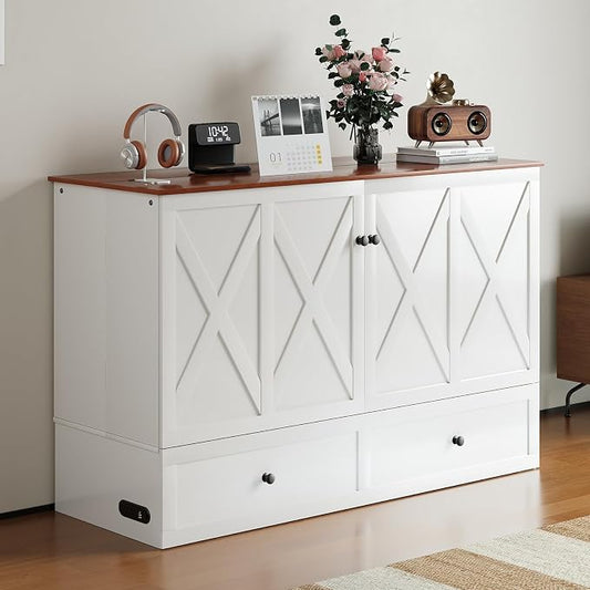 PUREMIND Murphy Bed Queen with Mattress Included, X Frame Cabinet Beds Chest with Charging Station & Storage Drawers, Convertible Hideaway Cabinet Bed for Guest Room, White
