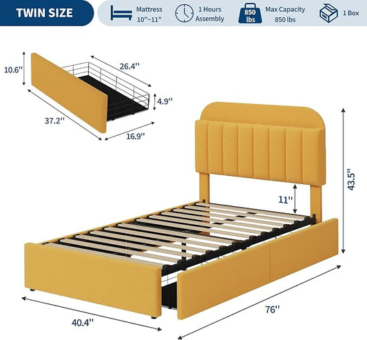 GarveeHome Twin Bed Frame with Storage Headboard, Kids Bed Frame with 2 Drawers, Boucle Upholstered Platform Bed with Bookcase, No Box Spring Needed, Easy Assembly, Yellow