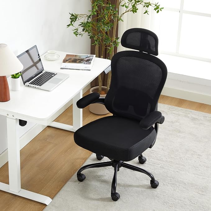 Ergonomic Office Chair,Ultra Thick Spring Cushion Desk Chair,Black | Adjustable Lumbar Support and Headrest,Flip-up Arms,Rocking Function,Mesh Home Office Computer Chair
