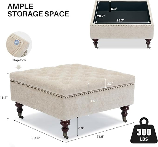 Large Square Storage Ottoman Uphlostered Tufted Button Coffee Table, Oversized Footrest Bench with Castered Rolling Wheels for Living Room, Light Brown Chenille Waterproof