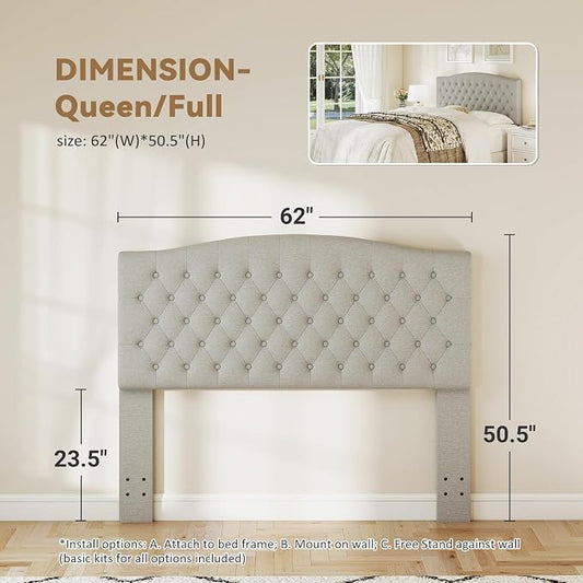 Queen Headboard Only, Linen Classic Tufted Design, Gray Linen | 2 installation options: 1.bed frame mount 2.wall mount (for adjustable bed), Classic hand-tufted headboard king size