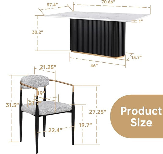 Morden Fort Modern Dining Table and Chairs Set for 6, 70" Black Dining Table with White Faux Marble Top and 6 Upholstered Chairs for Kitchen, Restaurant and Conference