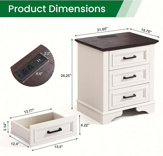 22-Inch Wide Modern Nightstand with Charging Station, End Table with 3 Large Drawers, Simple Design Bedside Table for Bedroom and Office,White(Single Piece)