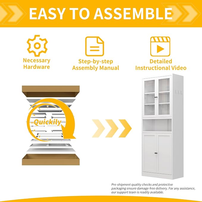 Kitchen Pantry Cabinet with Glass Doors, 72" Metal Storage Cabinet with 4 Adjustable Shelves, Kitchen Pantry with Hooks for Home, Living Room, Assemble Required (White)