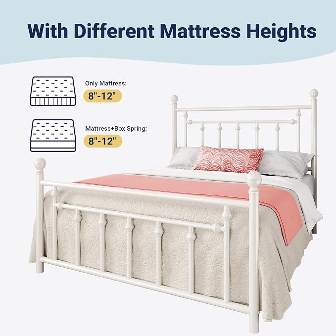 Allewie 14 Inch Full Size Metal Platform Bed Frame with Victorian Vintage Headboard and Footboard/Mattress Foundation/Under Bed Storage/No Box Spring Needed/Easy Assembly/Noise Free/White