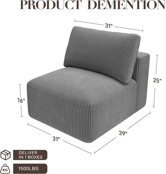 Modular Sectional Sofa Extension, Armless Memory Foam Cloud Chair, 31" Boneless Corduroy Upholstered Single Seat, No Assembly Required Accent Chair for Living Room Apartment Home Decor, Grey