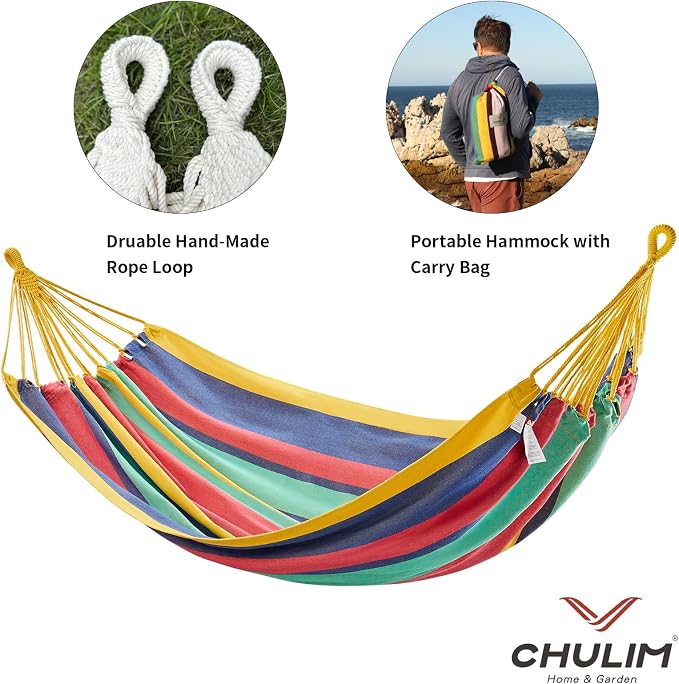 CHULIM Brazilian Double Hammock with Tree Straps,Extra Large 94x63IN,2 Persons Hammock for Backyard Patio Outdoor and Indoor,450lbs Weight Capacity,Soft Woven Cotton Fabric - Aqua Bule Stripe