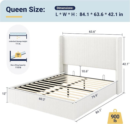 Allewie Queen Size Lift-Up Storage Bed Frame with Modern Wingback Headboard, Corduroy Upholstered Platform Bed, Hydraulic Gas Lift Support, Underbed Storage, Wooden Slats, No Box Spring Needed, White