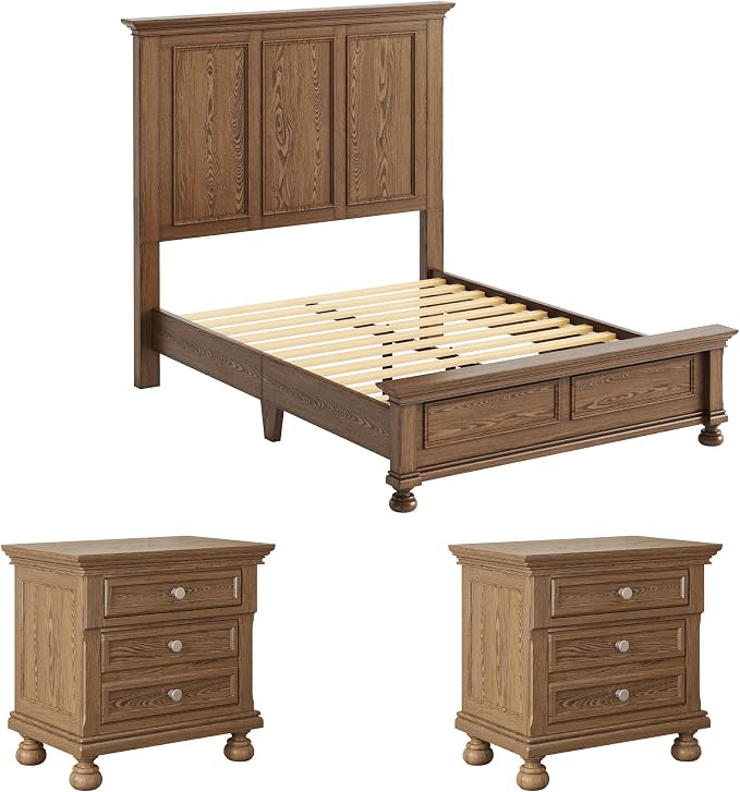 AMERLIFE Solid Wood 3 Piece Bedroom Set Including 65.2" High Queen Bed Frame, Fully Assembled Nightstands Set of 2 with 2 Storage Drawers for Bedroom, Light Brown