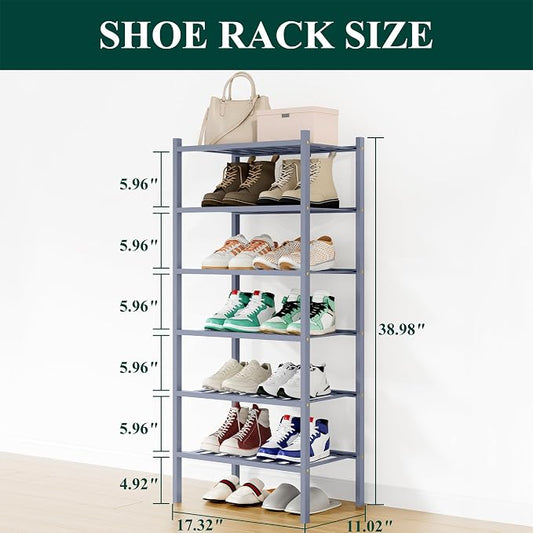 Smiry Small Bamboo Shoe Rack, 6 Tier Free Standing Wooden Shoe Organizer, Stackable Wood Shoe Storage Shelf for Closet, Entryway, 12 Vertical Slats, 2+2+2 Stack Standard Legs, 17.3"x11"x39", Grey