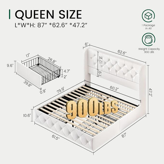 LARMACE Queen Size Bed Frame with 4 Storage Drawers and 47.2" Tall Wingback Headboard Velvet Upholstered Platform Bed Frame Tufted Beds with Wooden Slats Support, Easy Assembly, White