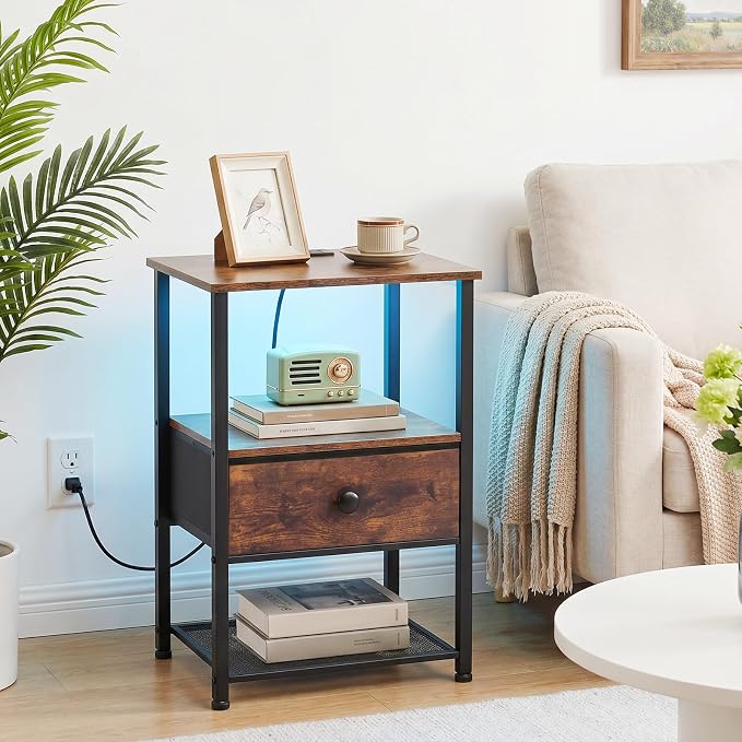 LOAKEKEL Night Stand Set 2, LED Nightstand with Charging Station, End Tables Living Room with Fabric Drawer for Small Spaces, Bed Side Tables with Storage Shelf for Bedroom, Brown, HETS01PBR