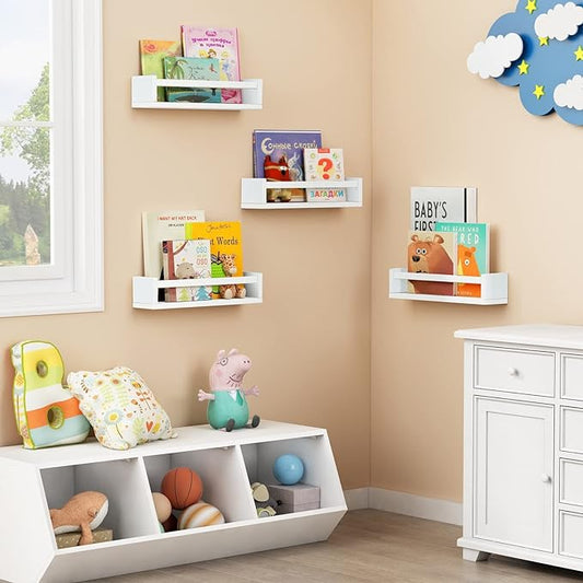 Forbena Floating Nursery Book Shelves for Wall Set of 4, Wall Bookshelf for Kids Room, White Wood Hanging Bookshelves Book Shelf for Baby Toddler Childrens Boy Girl Bedoom Toy and Decor Storage