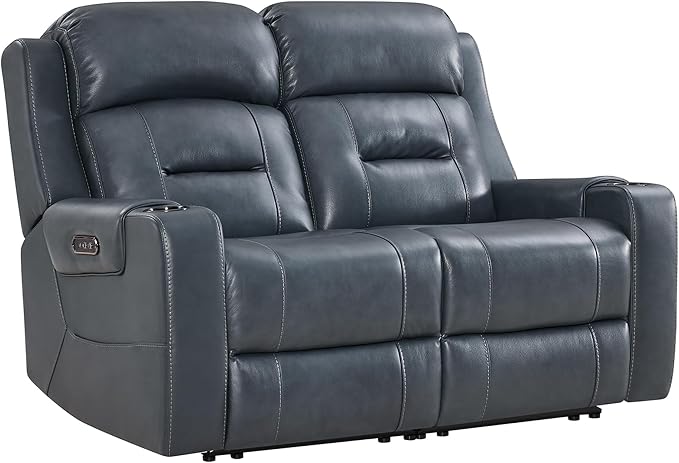 Watson & Whitely Genuine Leather Power Loveseat Recliner Sofa, Lay Flat Loveseat Reclining Sofa with Power Headrest, Cup Holders, USB & Type-C Ports, Dual Recliners for Living Room, Navy Blue