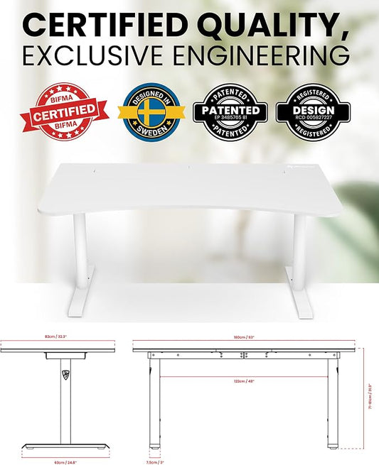 Arozzi Arena Large Gamer Desk - 63x32” Adjustable Height PC Gaming Desk with Storage for Cables & Triple-Monitor Support - Full-Surface Washable Mousepad - Pure White