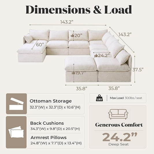 Cloud Modular Hosting Sectional, Oversized Deep Seat Comfort, Linen Blend | Fully Removable Washable Covers, Memory Foam Seat Cushions, Storage Ottoman, Premium Fabric