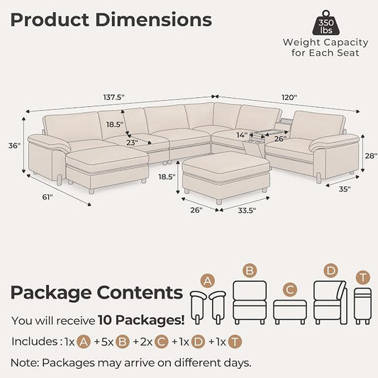 SITJOY Large Cloud Couch, 138" Wide 6 Seater V Shaped with Console, Brown | Pet-Friendly Scratch-Resistant Leather Sectional Sofas for Living Room, Deep Seat Wide Couch with Chaise, Storage Ottoman