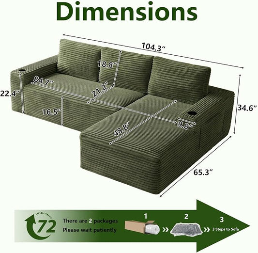 104.3" Modular Sectional Sofa,Modern Corduroy Cloud Couch with Cup Holder & Side Pockets,Boneless Couch Upholstered 4-Seater L-Shaped Sofa for Living Room,No Assembly (Green, Right-Facing Chaise) | with Cup Holder
