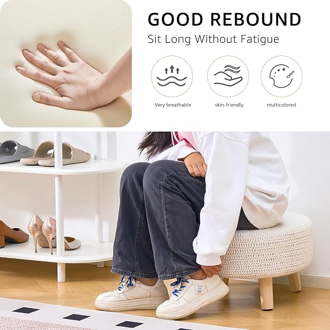 Wimarsbon Pouf Ottoman, 100% Cotton Knitted Boho Footstool, Round Footrest with Non-Skid Wood Legs, Home Décor Handmade Pouffe, Leisure Floor Step Stool for Living Room (20" White)