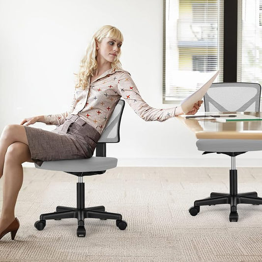 Sweetcrispy Small Desk Chair, Ergonomic Low-Back Mesh Rolling Work Swivel Chairs with Wheels, Armless Comfortable Seat Lumbar Support for Home, Bedroom, Study, Student, Adults, Grey