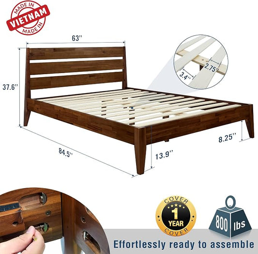 Acacia Emery Bed Frame with Headboard Solid Wood Platform Bed, Queen Size Bed Frame, Mid - Century Modern Wood Bed Compatible with All Mattresses, Easy Assembly, Non-Slip, Chocolate.