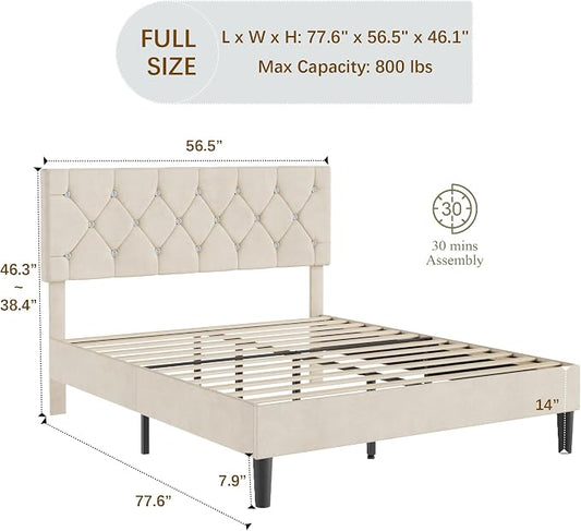 VECELO Full Size Bed Frame with Diamond Tufted Headboard, Upholstered Platform Bedframe with Wood Slat Support, No Box Spring Needed, Pala Beige
