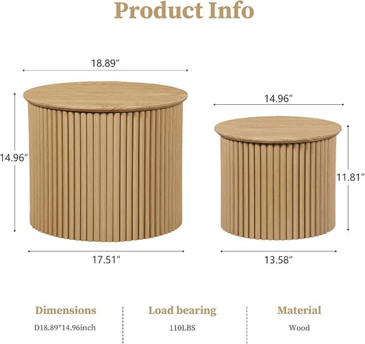 AVZEAR Round Nesting Coffee Table Set of 2, Small Fluted Coffee Table Circle Side Table, Boho Modern Wood Nesting Tables Farmhouse End Table Set for Living Room, Bedroom, Small Spaces(Natural)