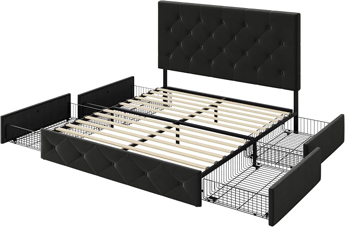 Allewie Upholstered Full Size Platform Bed Frame with 4 Storage Drawers and Adjustable Headboard, Diamond Button Tufted, Wooden Slats Support, Noise-Free, No Box Spring Needed, Easy Assembly, Black
