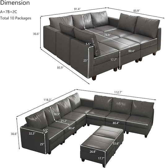 EASE MOOSE Modular Sectional Couch with Storage, Faux Leather Sectional Sleeper Sofa Bed,Grey Faux Leather Modular Sofa
