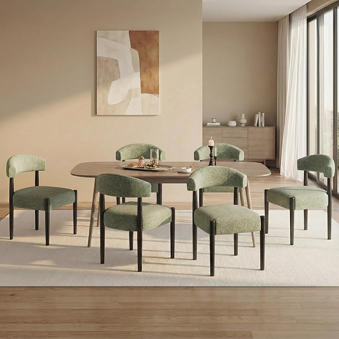 VKNOW Wooden Dining Chairs Set of 4 with Black Rubberwood Legs, Green | Soft Chenille Fabric, Curved Open Back, Thickened Cushion, For Adults and Family, Dining Room, Kitchen, No Wobble