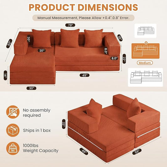 79" Modular Sectional Sofa, Boneless Convertible Sleeper Sofa Bed, Modern Tri-Folding Cloud Couch with L-Shape Chaise, Corduroy Futon for Living Room Small Spaces Apartment, No Assembly,Orange