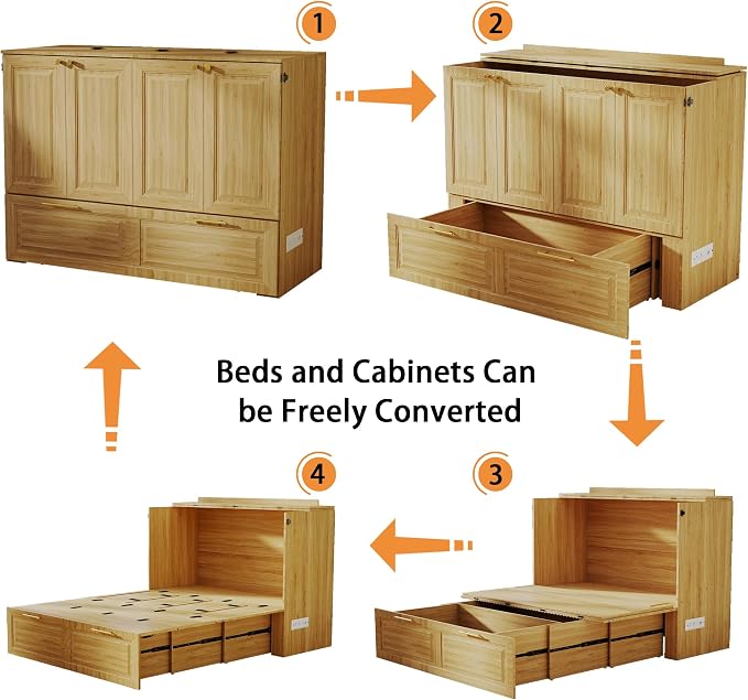 Murphy Bed Full Size: Oak 2 in 1 Murphy Bed Cabinet with Drawer, Wood Cabinet Bed with Charging Station, Modern Hidden Beds for Small Spaces