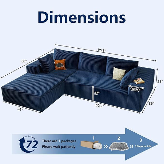 96" Modular Sectional Sofa, Modern Corduroy Cloud Couch with Deep Seat, Boneless Couch Upholstered 3-Seater L-Shaped Sofa for Living Room, No Assembly Required (Blue, Left-Facing Chaise)