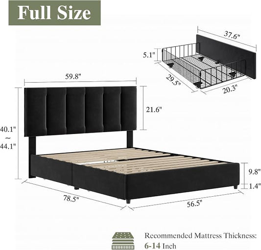 VECELO Full Size Bed Frame with 4 Storage Drawers, Adjustable Height Headboard, Heavy-Duty Platform Bedframe with Strong Wooden Slats, No Box Spring Needed, Black