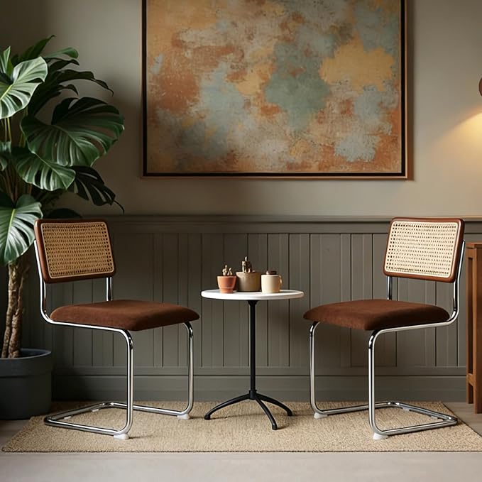 Zesthouse Rattan Dining Chairs Set of 2, Mid Century Modern Dining Room Chairs with Natural Cane Mesh & Chrome Base, Brown Cesca Chair for Kitchen, Breuer Design Inspired, Upholstered Chenille Fabric