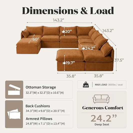 Cloud Modular Hosting Sectional, Oversized Deep Seat Comfort, Luxe Chenille | Fully Removable Washable Covers, Memory Foam Seat Cushions, Storage Ottoman, Premium Fabric