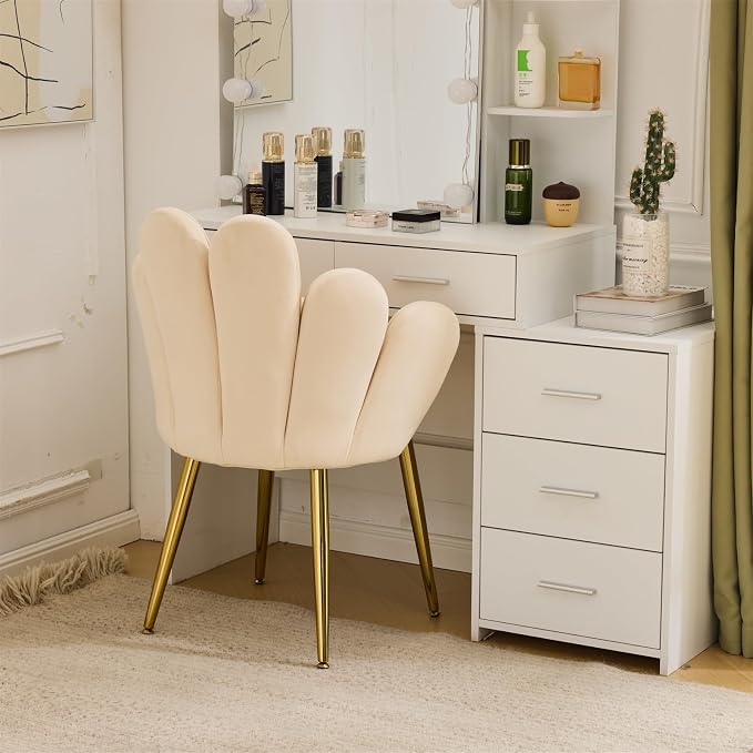 VINGLI Petal Makeup Vanity Chair with Back,Flower Cute Girls Desk Chair Comfy No Wheels,Modern Dining Chair,Small Accent Chair with Adustable Gold Legs&Bow Pillow for Home Office,Bedroom,Velvet,Beige
