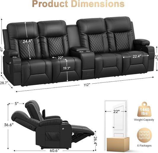 Recliner Sofa, Home Theater Seating with Center Console, 4 Seat Reclining Couch with USB Ports & Phone Holders, Wall Hugger RV Sofa Furniture Loveseat Recliner Couch with Storage & Pocket