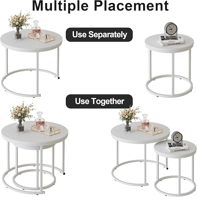 Garden 4 you Nesting Coffee Table, 23.6" Round Coffee Table Set of 2, Wooden Nesting Table Set with Metal Frame, Side Tables for Living Room Bedroom Balcony, White
