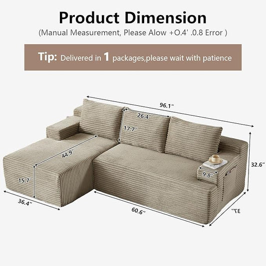 96" Cloud Sectional Couch with L-Shape Chaise, Modular Comfy Sofa Chaise Longue, Upholstered Corduroy Couches Sleeper with Deep Seat for Living Room Bedroom, No Assembly Required(Camel, Left Facing)