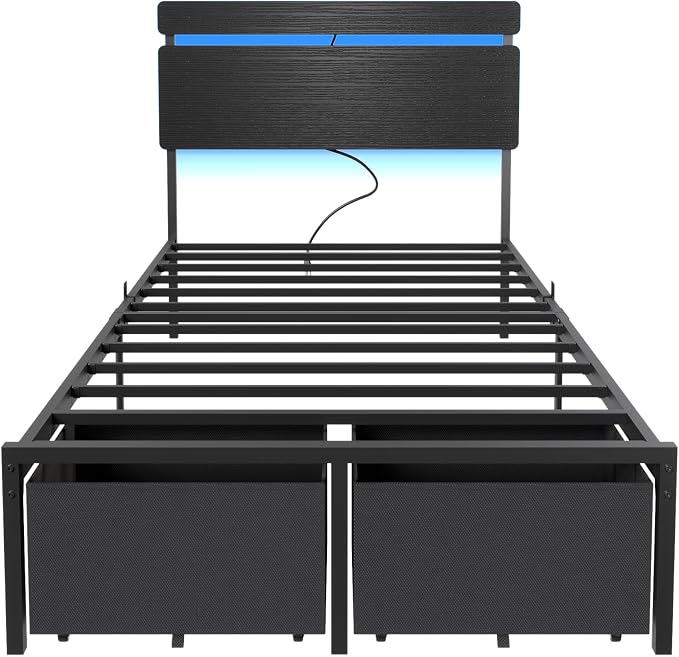 Forestell Twin Bed Frames with Wood Headboard, Black Platform Bed with 2 Storage Drawers & Shelf, Built in Charging Station & LED Lights, Metal Support, No Box Spring Needed, Camas Twin Size