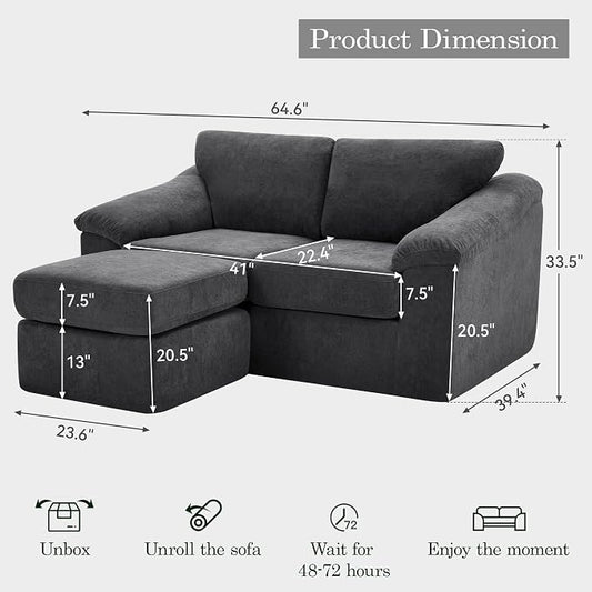 L Shaped Boneless Couch, Modern Loveseat Sofa with Ottoman, Floor Cloud Couch Sets with Extra Comfy Soft Deep Seats for Living Room, Apartment, No Assemby, Dark Gray