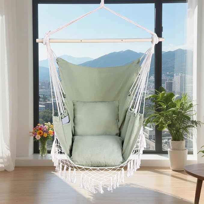 Hammock Chair Hanging Rope Swing Chair,Max 450 Lbs, Large Hanging Chair with Pocket, 2 Cushions, Steel Bar with Anti-Slip Rings, Hardware Kit Included, Comfortable for Indoor Outdoor (Green)
