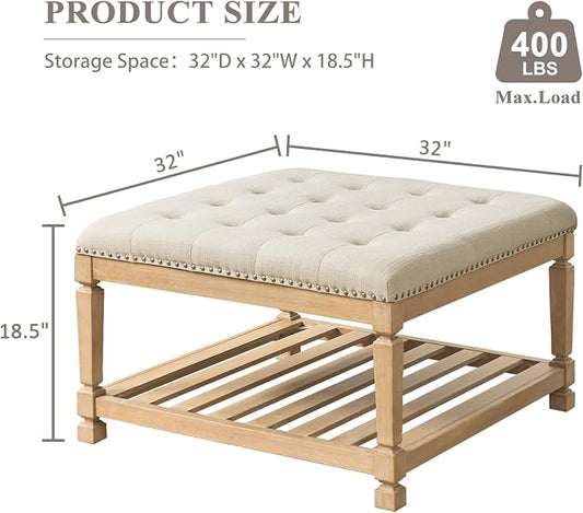 Befurtori Large Square Ottoman Coffee Table, Linen Solid Upholstered Footrest Ottoman with Solid Wood Shelf Storage Tufted Coffee Table for Bedroom Living Room-Ivory