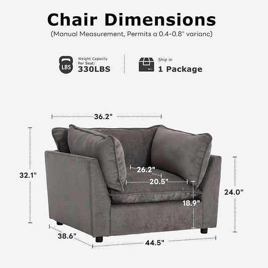 Iroomy Accent Chair, Plush Chenille Comfort Living Room Chair with Wide Seat, Modern Decorative Chair for Bedroom, Office, Reading Nook, Soft Cloud Chair Deep Seat, Grey | Premium Chenille