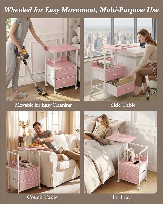 Faesun Swivel Lift Top Nightstand with Charging Station, Rolling Side Table for Recliner, Bedside Table with Wheels & 2 Fabric Drawers, for Small Spaces, for Bedroom, Living Room, Pink